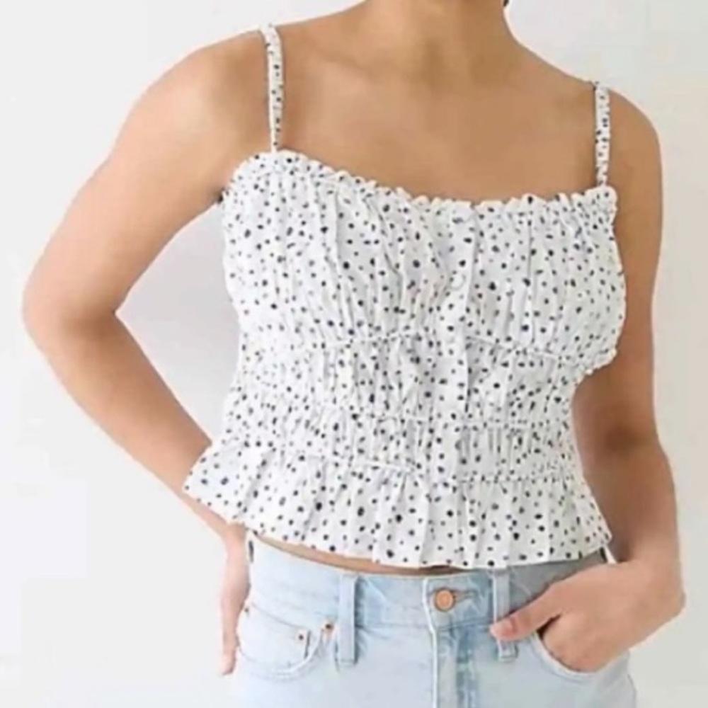 EUC J.Crew white blue dot cinched waste cotton poplin tank top camisole cami S